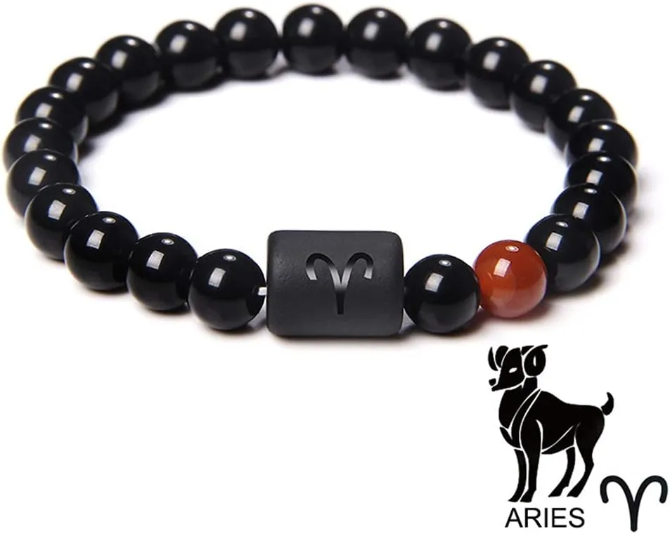 Pingyongchang 8MM Star Sign Constellation Horoscope Beaded Bracelet Zodiac Natural Black Onyx Stones Beads Bracelets for Men Women Birthday Summer
