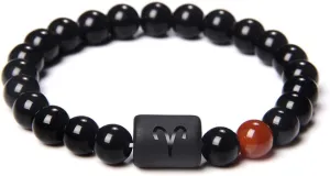 Pingyongchang 8MM Star Sign Constellation Horoscope Beaded Bracelet Zodiac Natural Black Onyx Stones Beads Bracelets for Men Women Birthday Summer