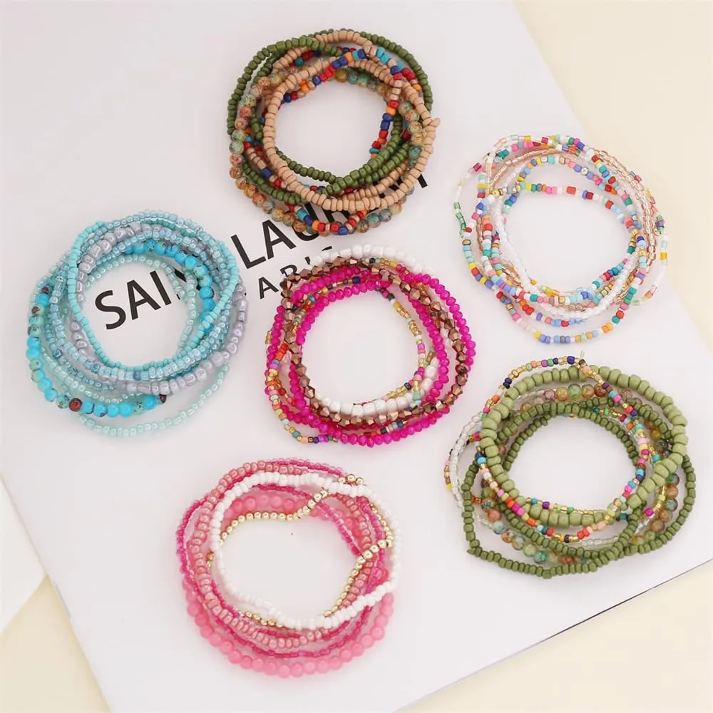 Pingyongchang Boho Colorful Handmade Stackable Bead Bracelets Set Multicolor Seed Layered Stretch Bangle Bracelets Vaction Beach Trendy Jewelry Gifts for Women