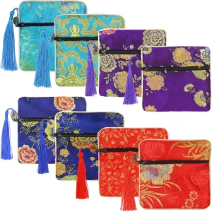 PINOWU 8pcs Silk Brocade Jewelry Bags with Zipper (11.5x11.5cm), Jewellery Silk Purse Pouch Gift Bags for Women Coins Traveling Jewelry Rolls Wedding Birthday Party Favors