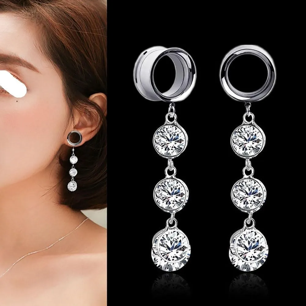 Plugs For Ears,Ear Tunnels1 Pair Stainless Steel Ear Dangle Gauges Piercing Jewelry, Exquisite Zircon Pendant Ear Plugs And Tunnels for Women