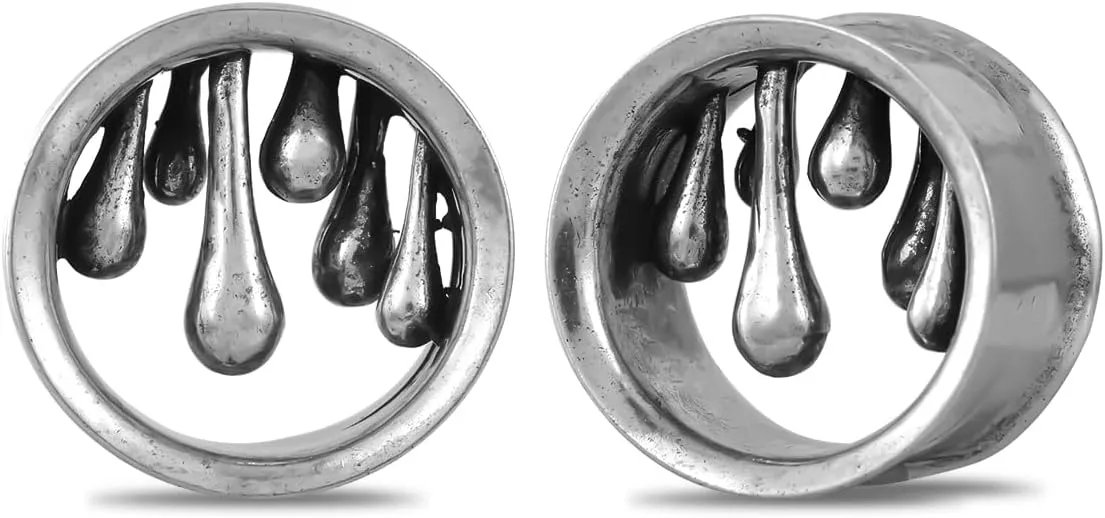 PONWAG 1 Pair Vintage Gauge For Ear Gothic Punk Waterdrop Plug Gauge Dangle Hanger Brass Saddle Tunnels Double Flared Ear Gauge Cool Women Body Piercing Jewelry
