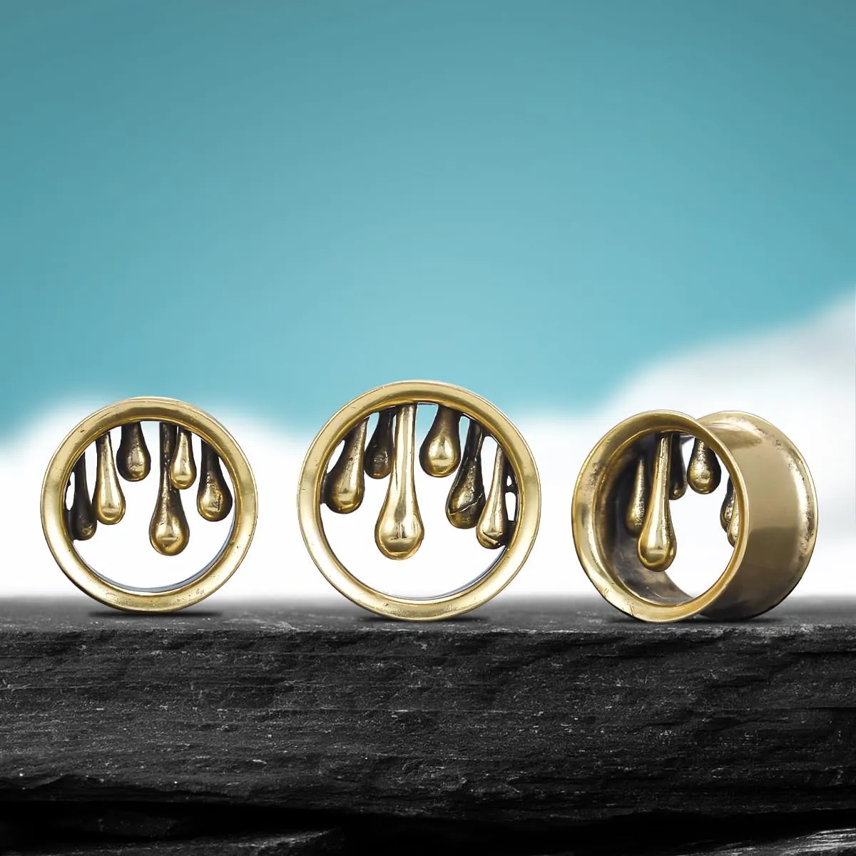 PONWAG 1 Pair Vintage Gauge For Ear Gothic Punk Waterdrop Plug Gauge Dangle Hanger Brass Saddle Tunnels Double Flared Ear Gauge Cool Women Body Piercing Jewelry
