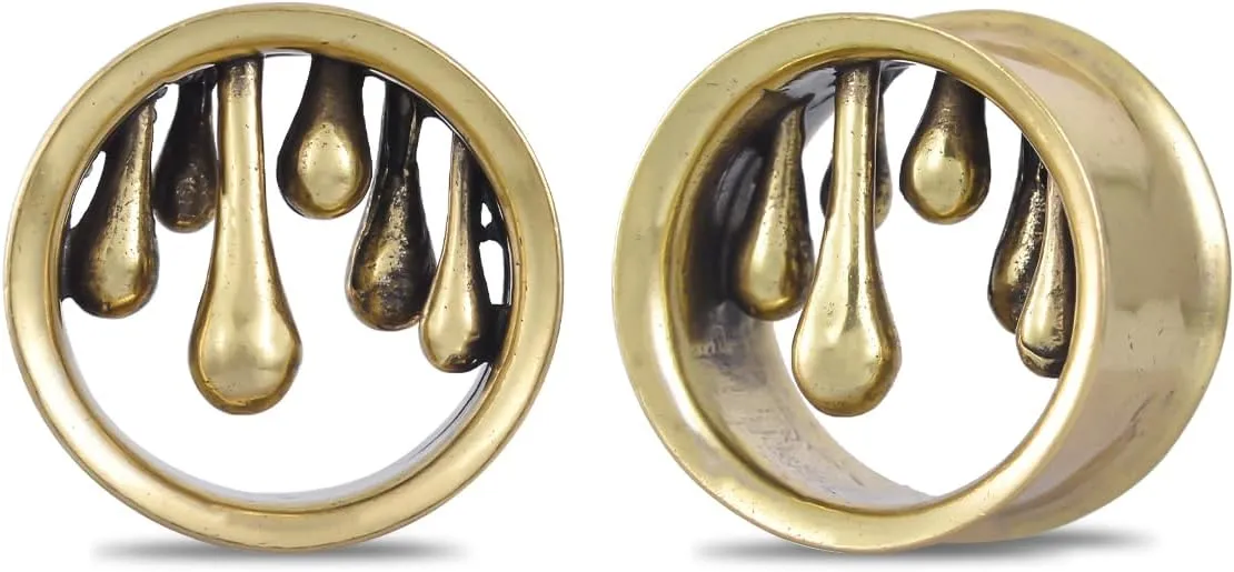PONWAG 1 Pair Vintage Gauge For Ear Gothic Punk Waterdrop Plug Gauge Dangle Hanger Brass Saddle Tunnels Double Flared Ear Gauge Cool Women Body Piercing Jewelry