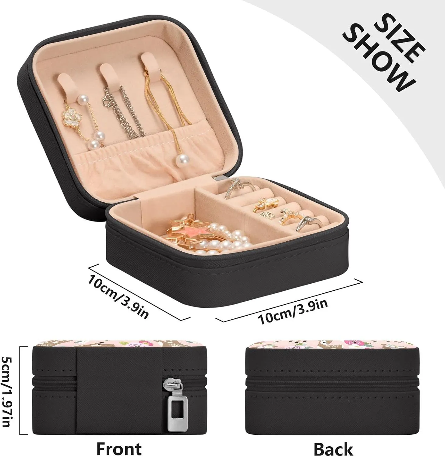 Portable Travel Pink Floral Cute Fawn Jewelry Boxes PU Leather Small Jewelry Case for Ring, Pendant, Earring, Necklace, Bracelet Organizer Storage Gift for Women Girls