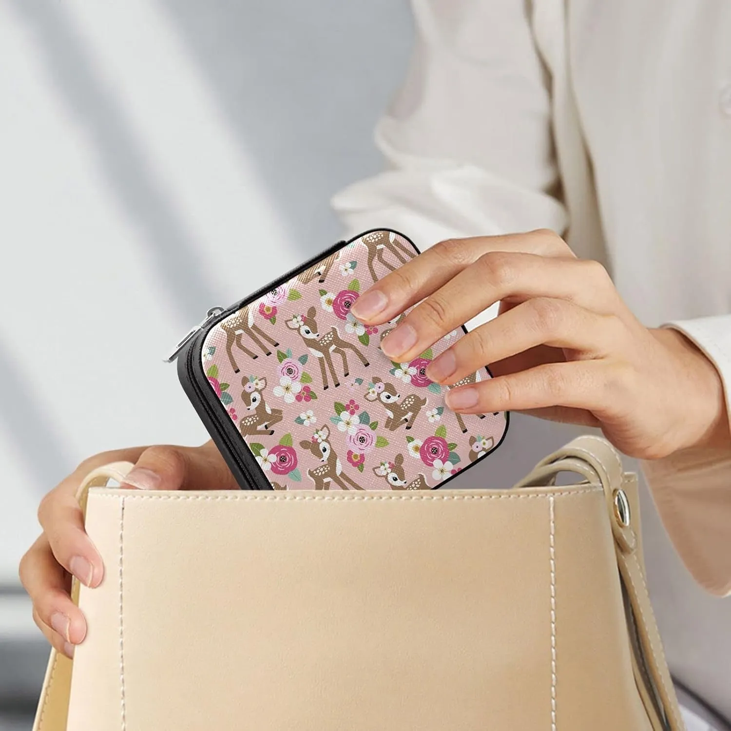 Portable Travel Pink Floral Cute Fawn Jewelry Boxes PU Leather Small Jewelry Case for Ring, Pendant, Earring, Necklace, Bracelet Organizer Storage Gift for Women Girls