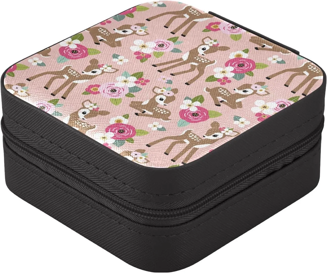 Portable Travel Pink Floral Cute Fawn Jewelry Boxes PU Leather Small Jewelry Case for Ring, Pendant, Earring, Necklace, Bracelet Organizer Storage Gift for Women Girls