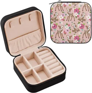 Portable Travel Pink Floral Cute Fawn Jewelry Boxes PU Leather Small Jewelry Case for Ring, Pendant, Earring, Necklace, Bracelet Organizer Storage Gift for Women Girls