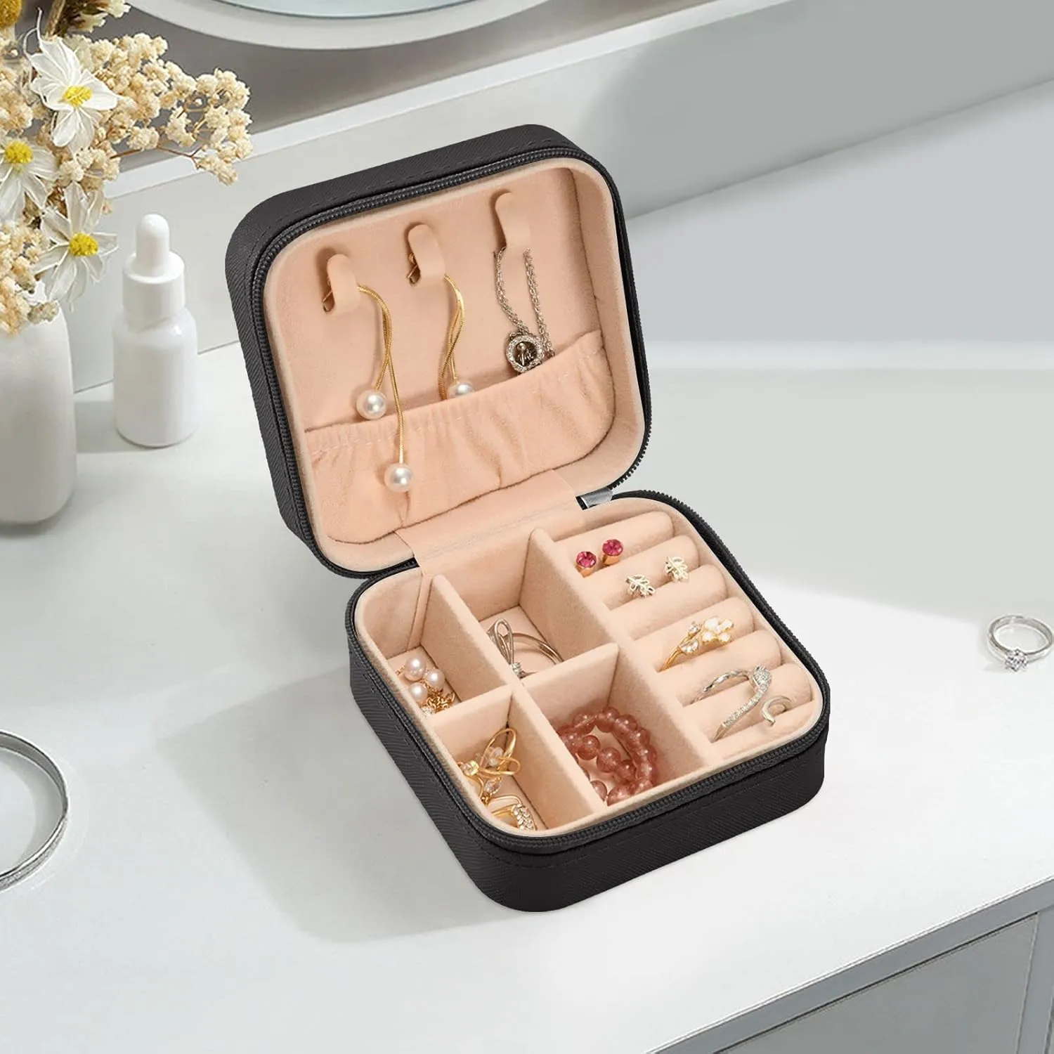 Portable Travel Pink Floral Cute Fawn Jewelry Boxes PU Leather Small Jewelry Case for Ring, Pendant, Earring, Necklace, Bracelet Organizer Storage Gift for Women Girls