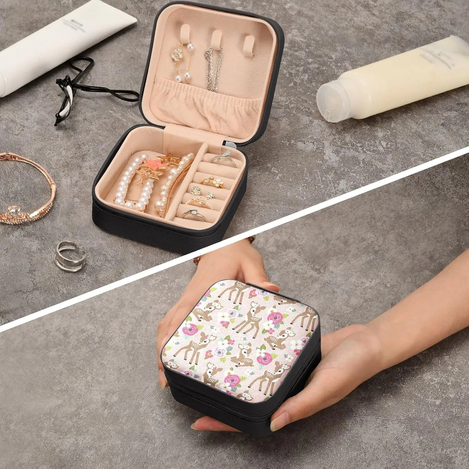 Portable Travel Pink Floral Cute Fawn Jewelry Boxes PU Leather Small Jewelry Case for Ring, Pendant, Earring, Necklace, Bracelet Organizer Storage Gift for Women Girls