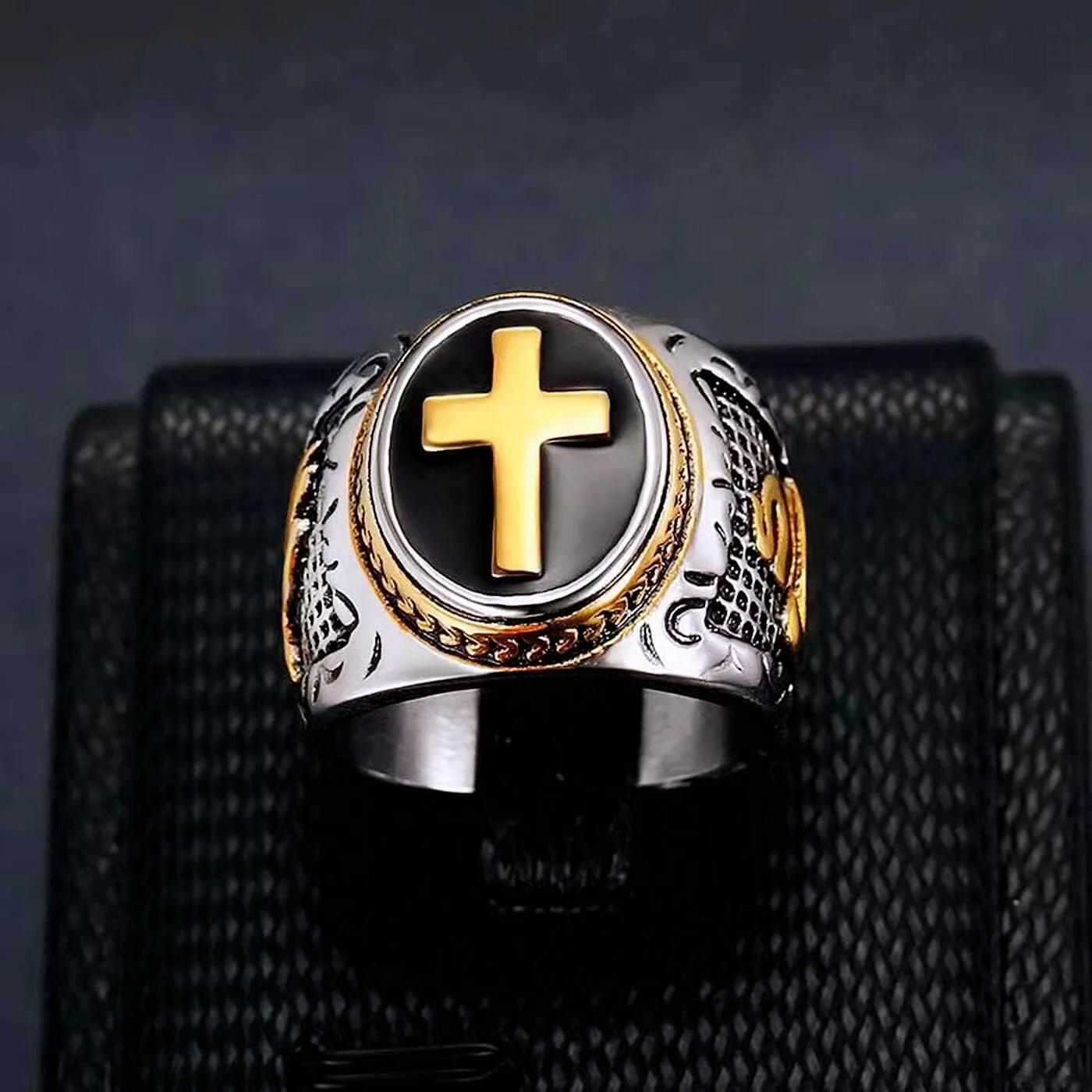 Prayer Cross Blessing Rings for men engraved God's hands Ring Biker 316 Stainless Steel Rings Iced Out Jewelry Punk Ring Hip Hop ring Cocktail Party Ring Vintage mens fashion rings Best Gift for men