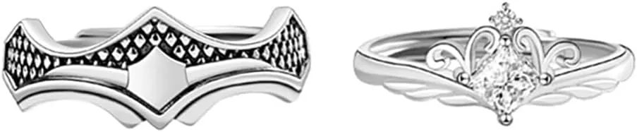 Princess and Knight Crown Couples Matching Rings Promise Ring with Moonstone for Women, Men, Her, Him, Best Friend - Set of 2 Adjustable Rings