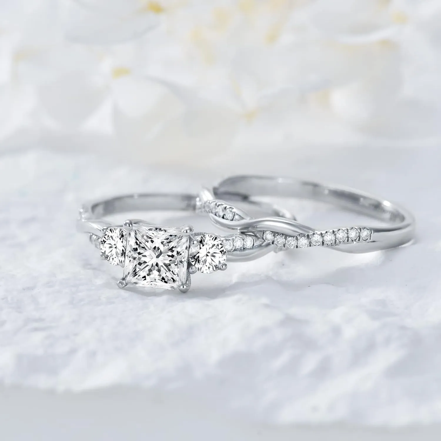 Princess Cut Wedding Ring Sets for Women White Gold, 1-1/2 Carat(ctw) Moissanite Bridal Sets Platinum Plated Silver Engagement Ring Set Twisting Infinity Pave Set