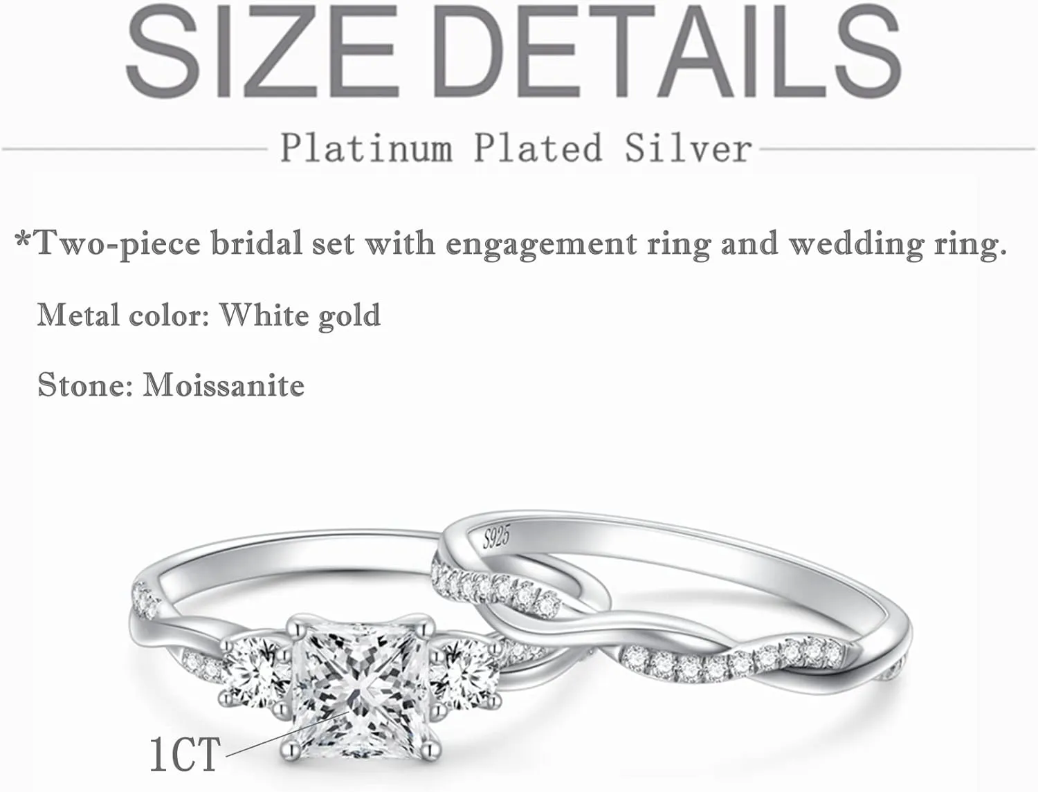 Princess Cut Wedding Ring Sets for Women White Gold, 1-1/2 Carat(ctw) Moissanite Bridal Sets Platinum Plated Silver Engagement Ring Set Twisting Infinity Pave Set