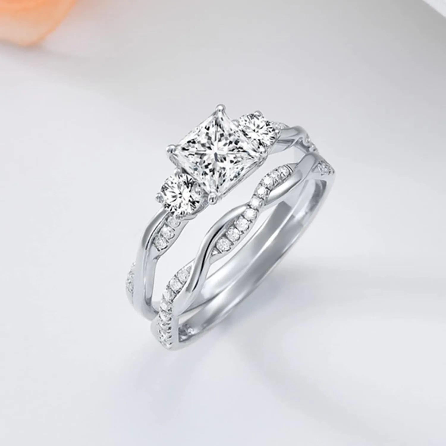 Princess Cut Wedding Ring Sets for Women White Gold, 1-1/2 Carat(ctw) Moissanite Bridal Sets Platinum Plated Silver Engagement Ring Set Twisting Infinity Pave Set