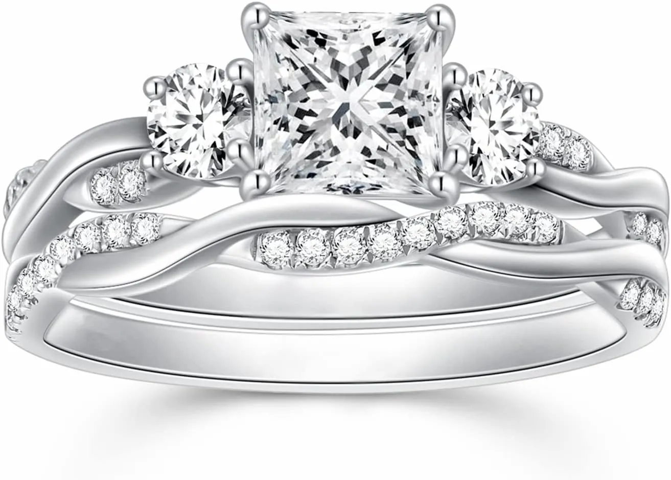 Princess Cut Wedding Ring Sets for Women White Gold, 1-1/2 Carat(ctw) Moissanite Bridal Sets Platinum Plated Silver Engagement Ring Set Twisting Infinity Pave Set