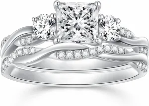 Princess Cut Wedding Ring Sets for Women White Gold, 1-1/2 Carat(ctw) Moissanite Bridal Sets Platinum Plated Silver Engagement Ring Set Twisting Infinity Pave Set