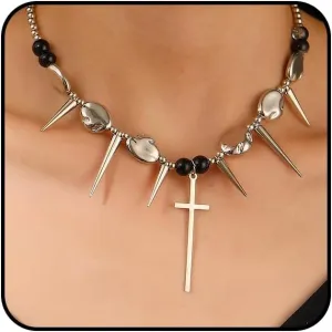 Punk Silver Rivet Cross Choker Necklace for Women Men Gothic Y2k Crucifix Pendant Necklace Irregular Pearls Bead Necklace Halloween Jewelry Gifts
