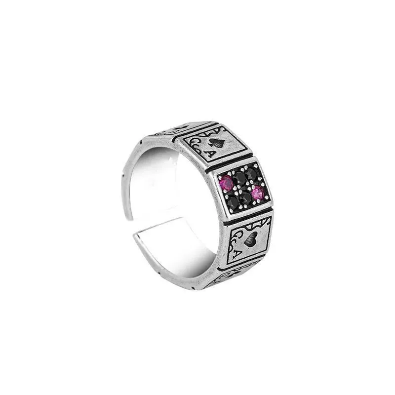 Punk Spade A Poker Rings Designer Spades Cards Crystal Open Ring For Wome Men Retro Sliver Wide Cuff Finger Rings Party Jewerly