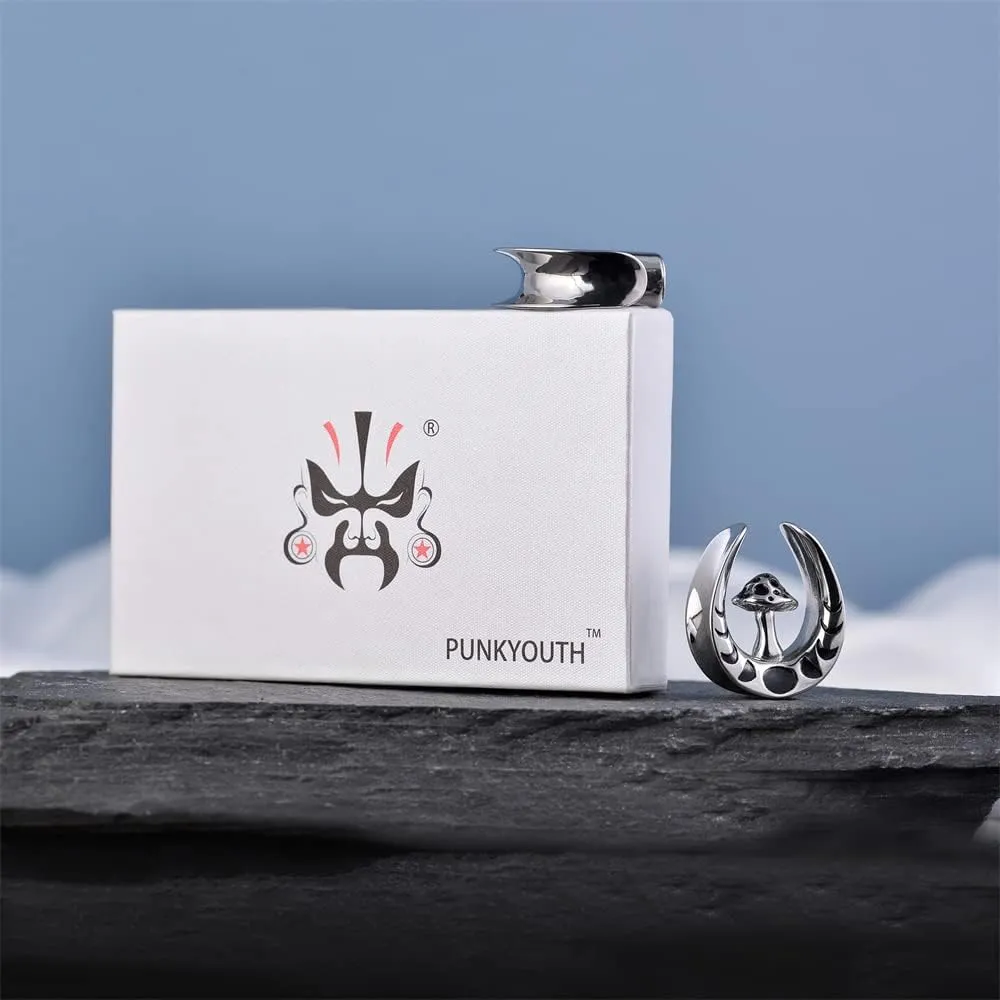 PUNKYOUTH 1 Pair Mushroom Opening Saddle Plugs Ear Gauges Double Flared Tunnels Elegant Classic Silver Ear Hanger Stretcher Piercing 8mm-25mm