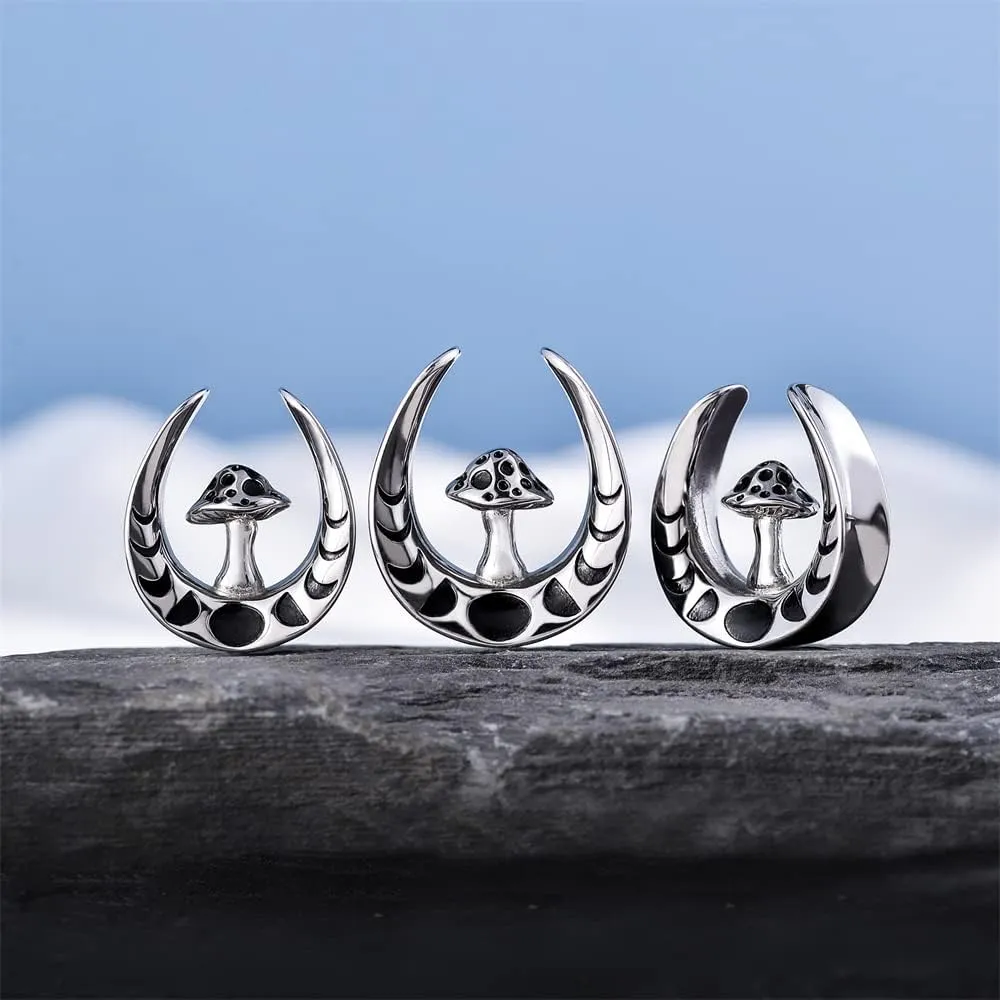 PUNKYOUTH 1 Pair Mushroom Opening Saddle Plugs Ear Gauges Double Flared Tunnels Elegant Classic Silver Ear Hanger Stretcher Piercing 8mm-25mm
