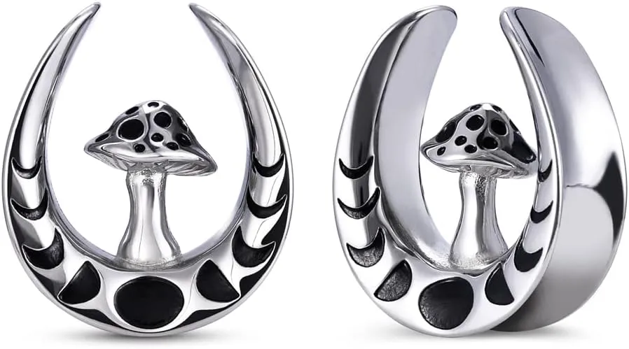 PUNKYOUTH 1 Pair Mushroom Opening Saddle Plugs Ear Gauges Double Flared Tunnels Elegant Classic Silver Ear Hanger Stretcher Piercing 8mm-25mm