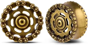 PUNKYOUTH 2PCS Ear Gauges Cool Chain Mechanical Style Double Flared Plug and Tunnels Old Retro Industrial Stretcher Piercings Gauge 0g to 1 inch