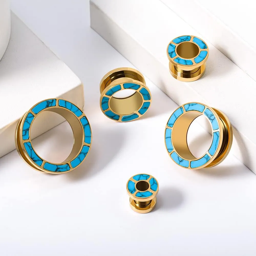 PUNKYOUTH Blue Turquoise Stainless Steel Ear Flesh Tunnels Screw Fit Ear Gauges Stretcher Expander Piercing Jewelry