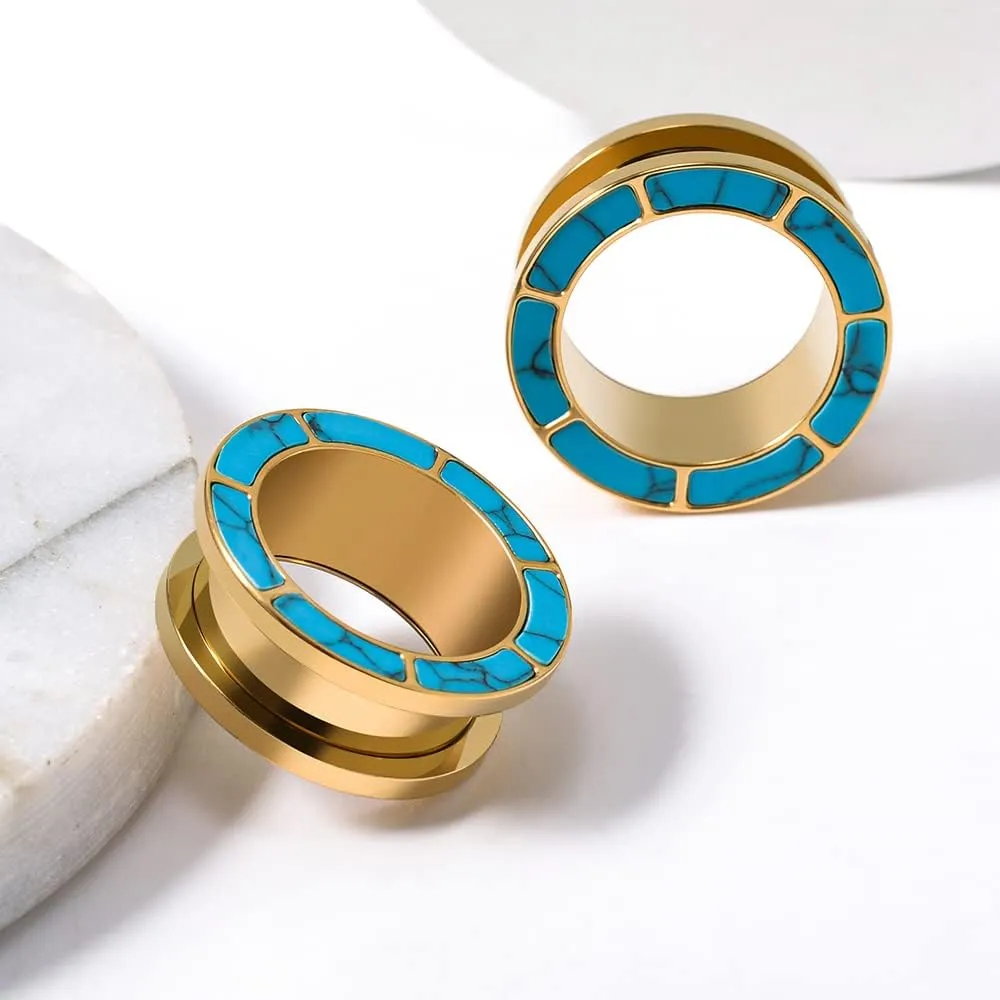 PUNKYOUTH Blue Turquoise Stainless Steel Ear Flesh Tunnels Screw Fit Ear Gauges Stretcher Expander Piercing Jewelry