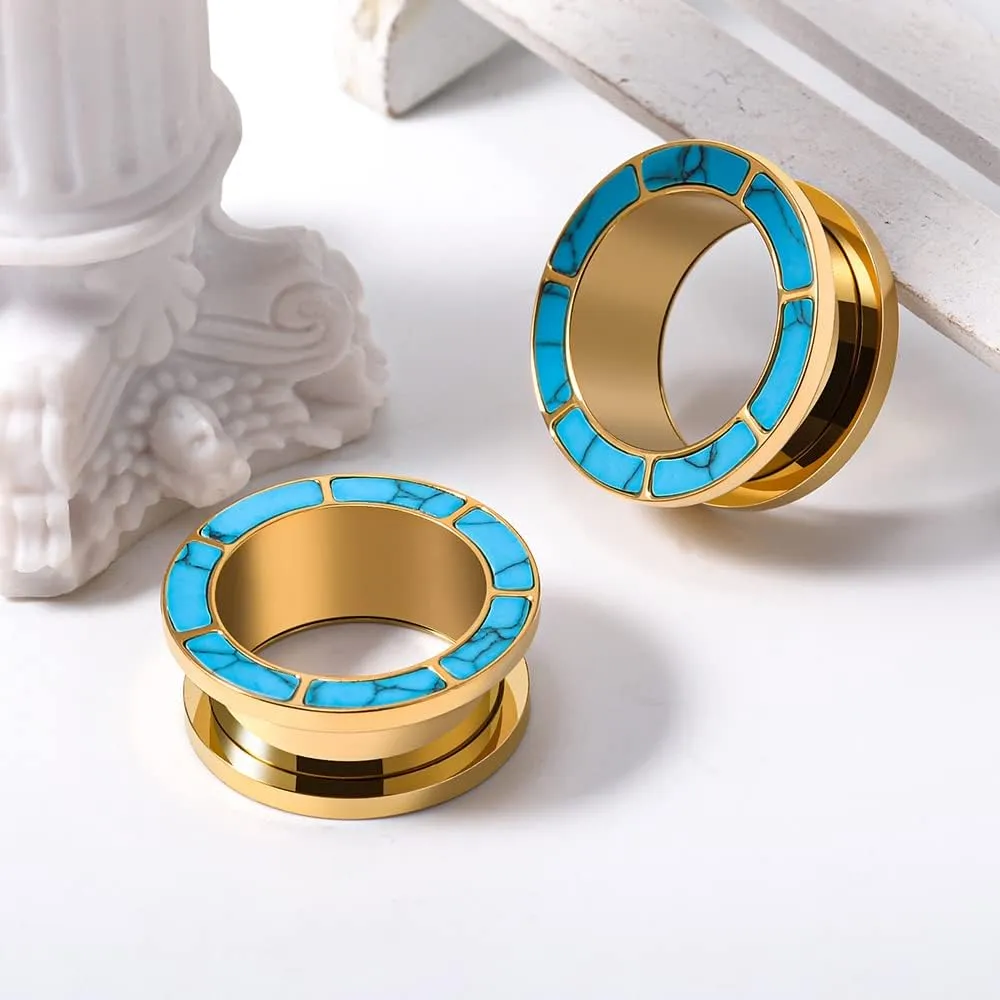 PUNKYOUTH Blue Turquoise Stainless Steel Ear Flesh Tunnels Screw Fit Ear Gauges Stretcher Expander Piercing Jewelry