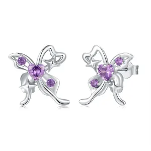 Purple Butterfly Heart Stud Earrings, 925 Sterling Silver Hypoallergenic, Elegant Crystal Jewelry Gift for Women,Ideal for Birthdays, Anniversaries, and Valentine's Day