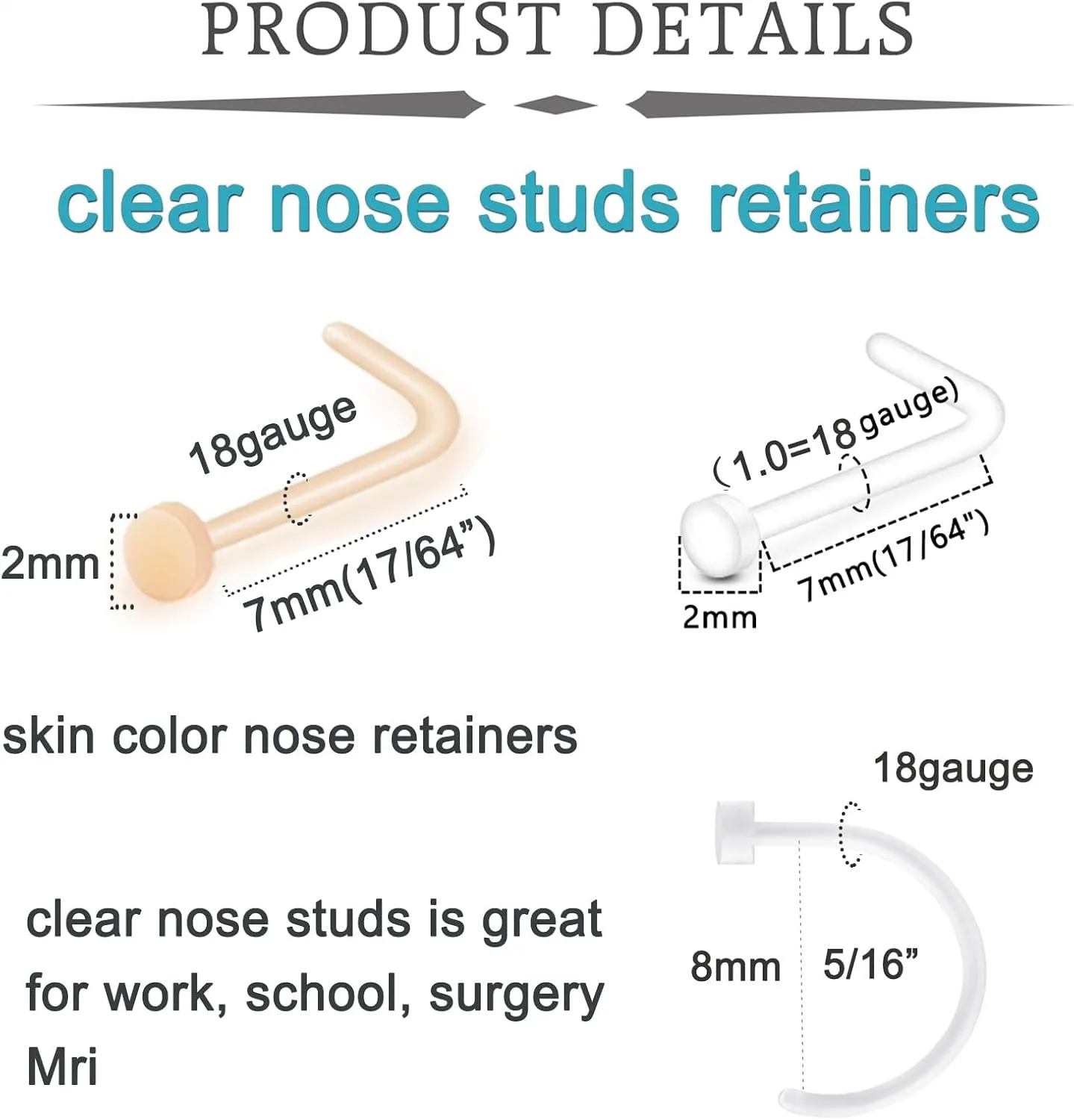 QWALIT Clear Nose Studs for Work Clear Nose Rings for Work Clear Nose Piercing Plastic Nose Rings for Surgery Invisible Nose Retainer Clear Cartilage Earring Clear Earrings for Sports Septum Retainer