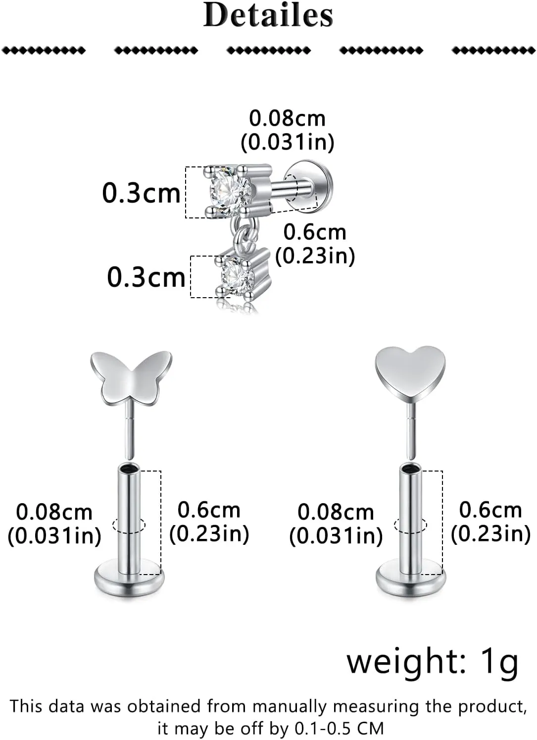 QWALIT Silver Gold Cartilage Earring for Women Hypoallergenic Earrings Threadless Helix Tragus Conch Earring Studs 6mm 8mm Flat Back Cartilage Jewelry 20 gauge Flatback Second Hole Earrings for Women