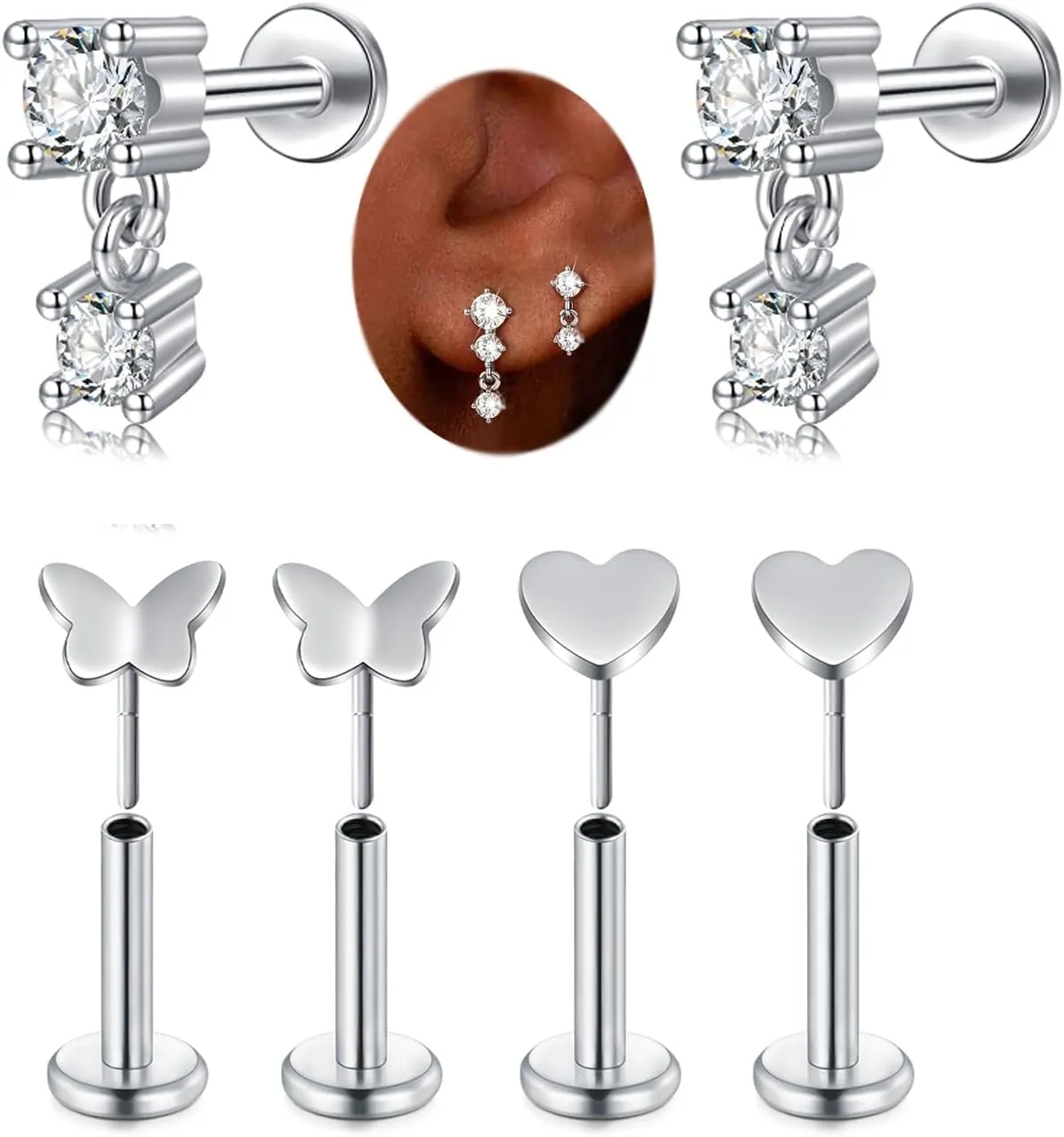 QWALIT Silver Gold Cartilage Earring for Women Hypoallergenic Earrings Threadless Helix Tragus Conch Earring Studs 6mm 8mm Flat Back Cartilage Jewelry 20 gauge Flatback Second Hole Earrings for Women