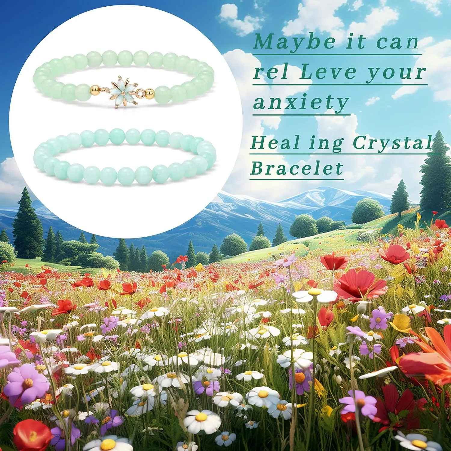 Raicegs 2Pcs Flower Crystal Bracelets for Women Healing Bracelets 6mm Gemstone Bead Cute Charm Stretch Bracelet Jewelry Gifts for Women