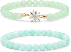 Raicegs 2Pcs Flower Crystal Bracelets for Women Healing Bracelets 6mm Gemstone Bead Cute Charm Stretch Bracelet Jewelry Gifts for Women