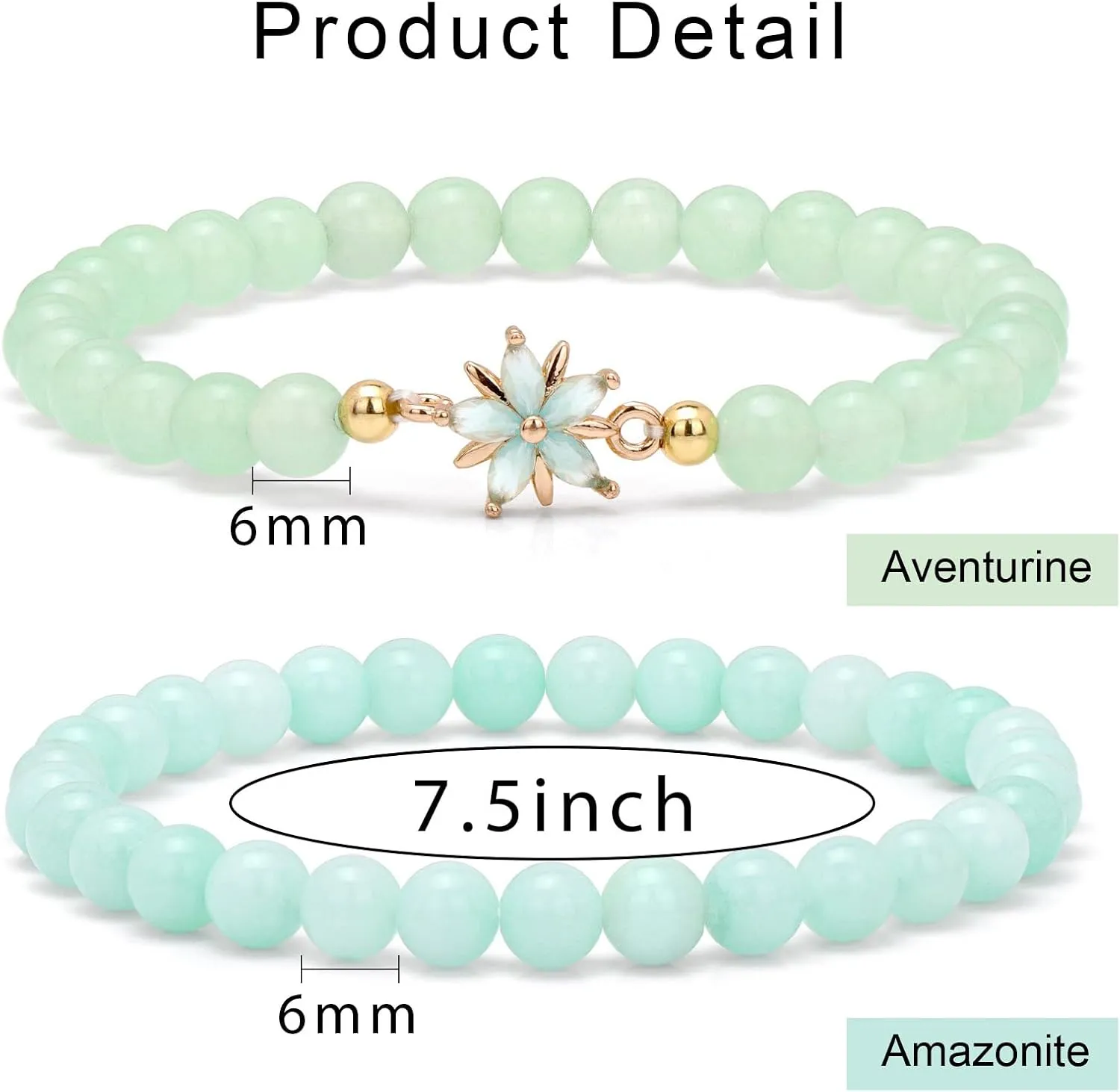 Raicegs 2Pcs Flower Crystal Bracelets for Women Healing Bracelets 6mm Gemstone Bead Cute Charm Stretch Bracelet Jewelry Gifts for Women