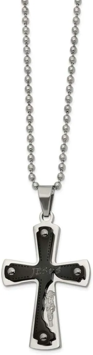 Real Stainless Steel Black IP-plated JESUS Cross 22in Pendant Necklace Charm Chain - with Secure Lobster Lock Clasp 22"