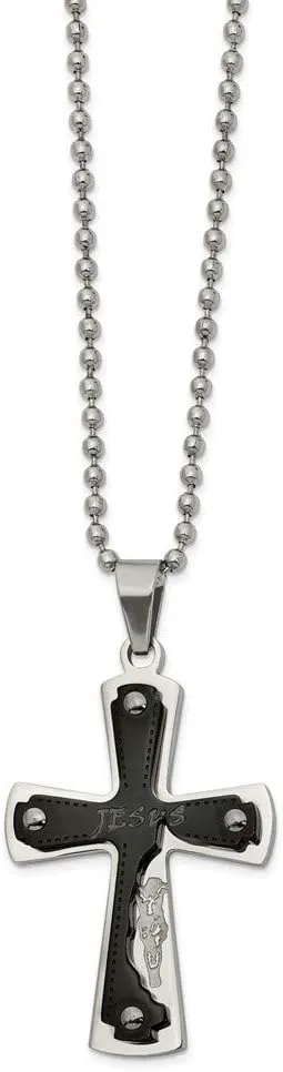 Real Stainless Steel Black IP-plated JESUS Cross 22in Pendant Necklace Charm Chain - with Secure Lobster Lock Clasp 22"