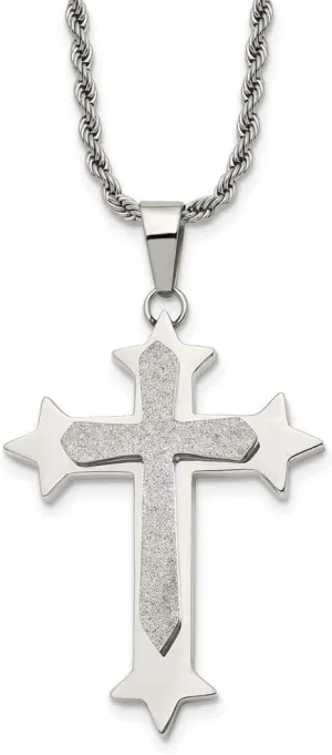 Real Stainless Steel Men's and Laser Cut Cross Pendant Necklace Charm Chain 24"