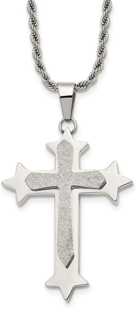 Real Stainless Steel Men's and Laser Cut Cross Pendant Necklace Charm Chain 24"