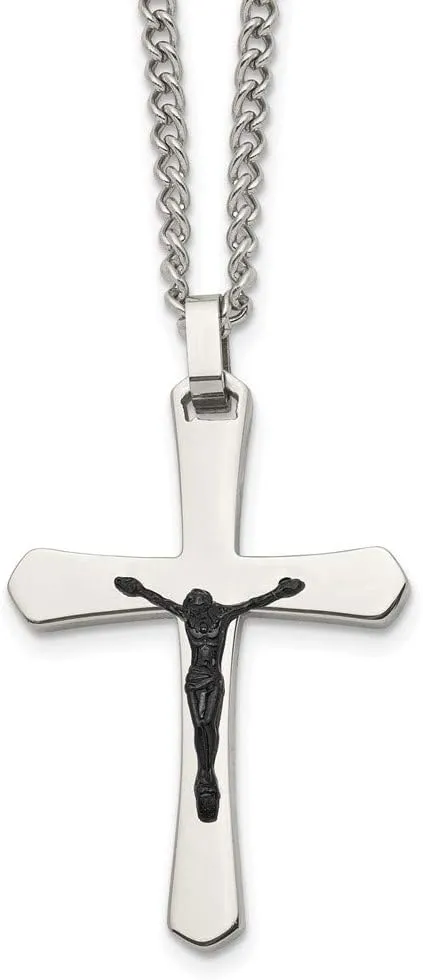 Real Stainless Steel Men's Cross Black IP Jesus Pendant Necklace Charm Chain 24" (Width = 27mm)