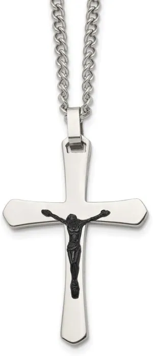Real Stainless Steel Men's Cross Black IP Jesus Pendant Necklace Charm Chain 24" (Width = 27mm)