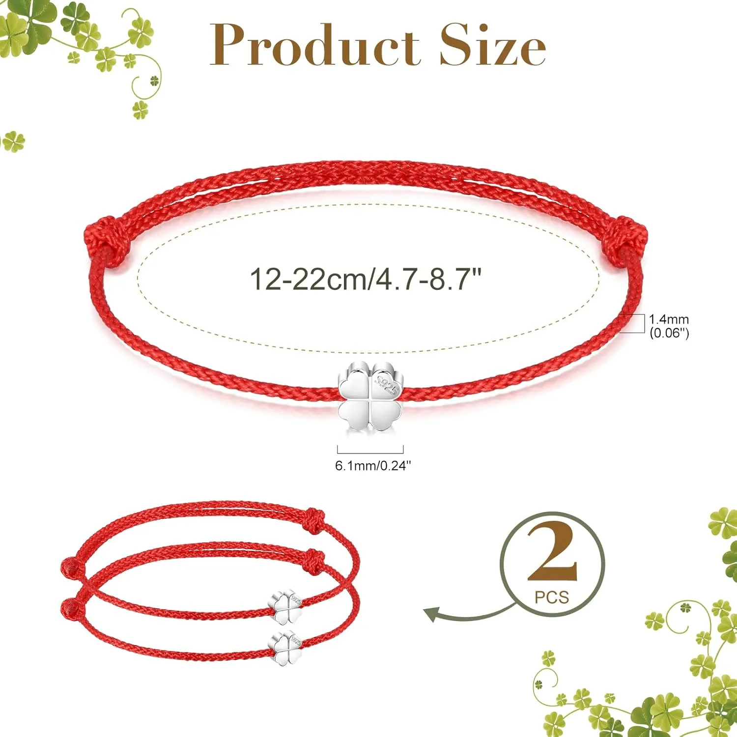 Red Black Bracelet 925 Sterling Silver Charm Clover Bracelet for Women Men - Matching Couple Bracelets | Best Friend Bracelets | Valentines Birthday Gifts, 4.7-8.7"