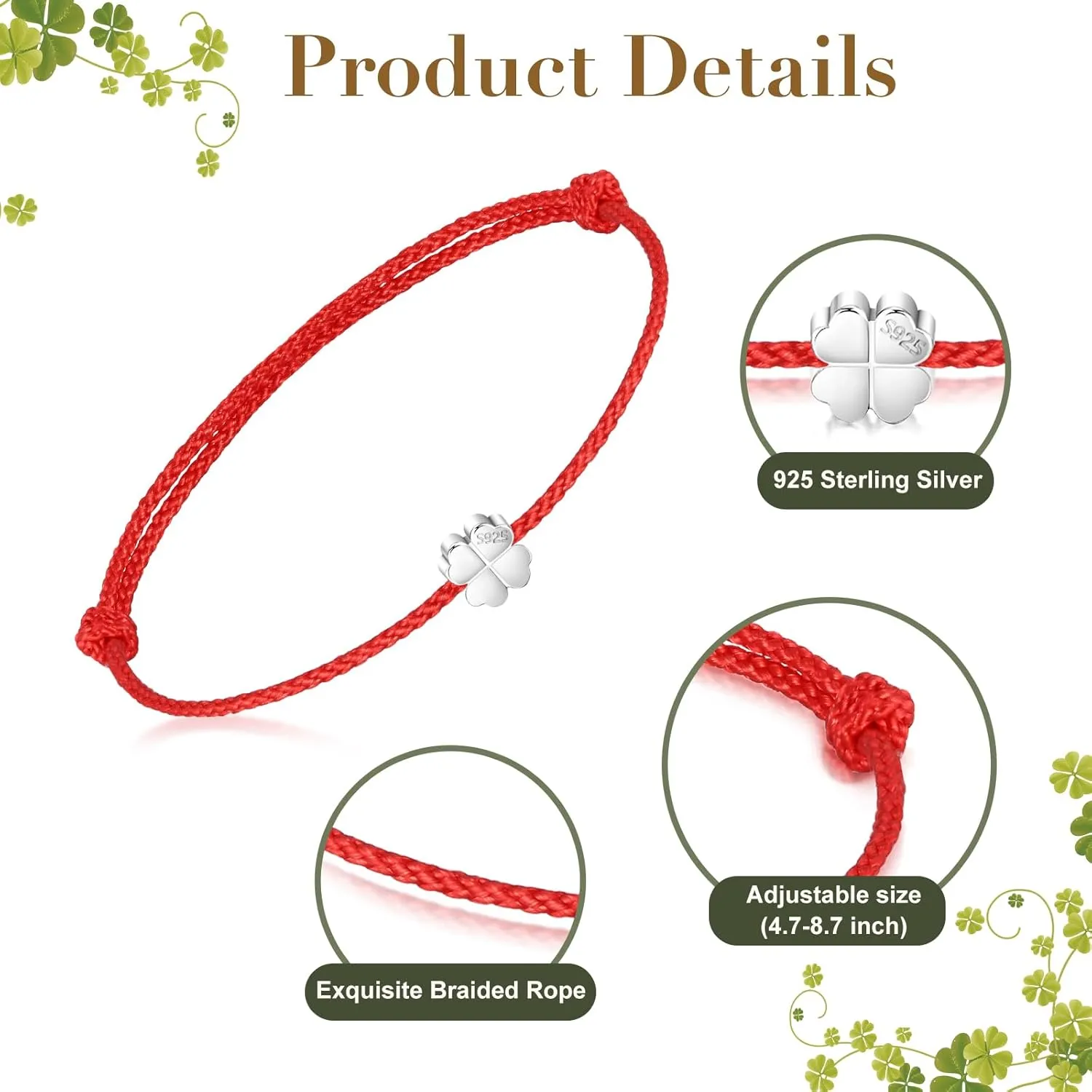 Red Black Bracelet 925 Sterling Silver Charm Clover Bracelet for Women Men - Matching Couple Bracelets | Best Friend Bracelets | Valentines Birthday Gifts, 4.7-8.7"