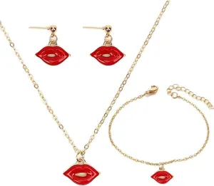 Red Lip Necklace Pendant Mouth Kiss Lips Bracelet Lip Dangle Stud Earrings Set for Women Party Jewelry