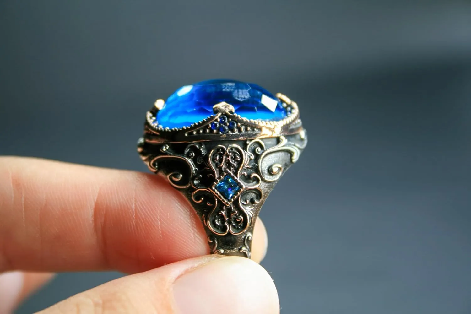 Regal Sterling Silver Ring with Royal Blue Zircon  Intricately Handcrafted Antique-Style Jewelry, Perfect for Men & Women, Sizes 5-15, Elegant Gift for Special Occasions or Daily Wear