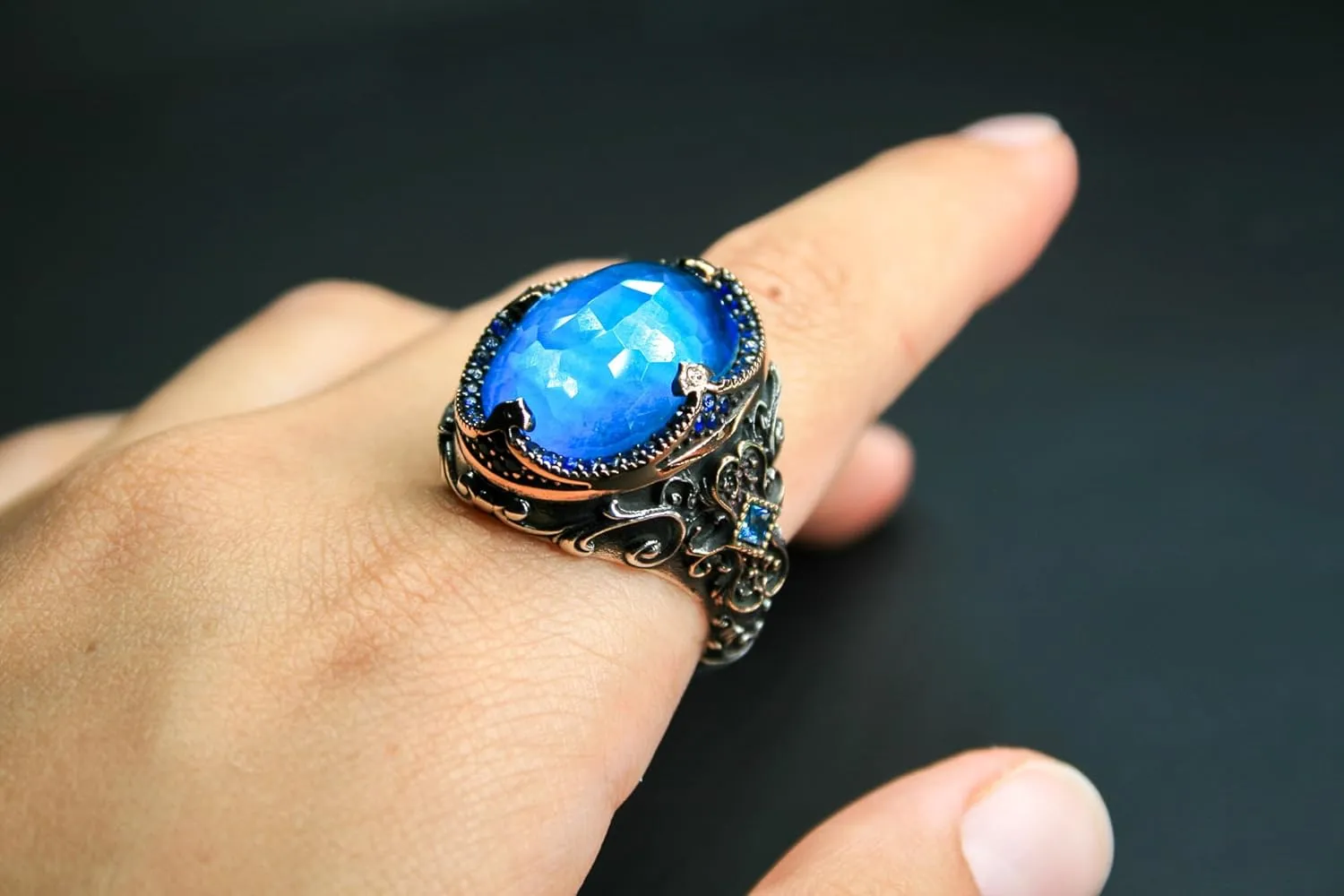 Regal Sterling Silver Ring with Royal Blue Zircon  Intricately Handcrafted Antique-Style Jewelry, Perfect for Men & Women, Sizes 5-15, Elegant Gift for Special Occasions or Daily Wear
