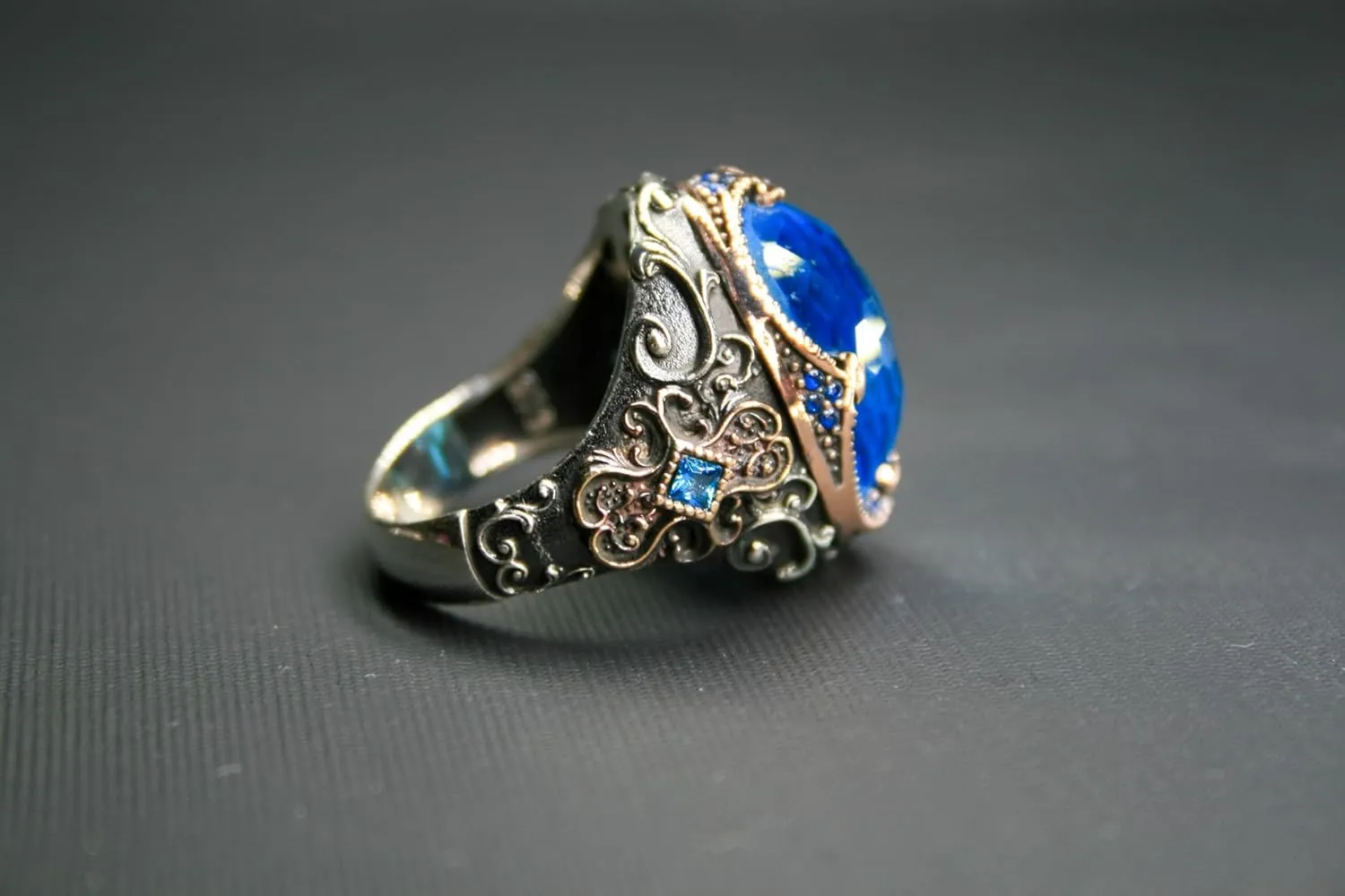 Regal Sterling Silver Ring with Royal Blue Zircon  Intricately Handcrafted Antique-Style Jewelry, Perfect for Men & Women, Sizes 5-15, Elegant Gift for Special Occasions or Daily Wear