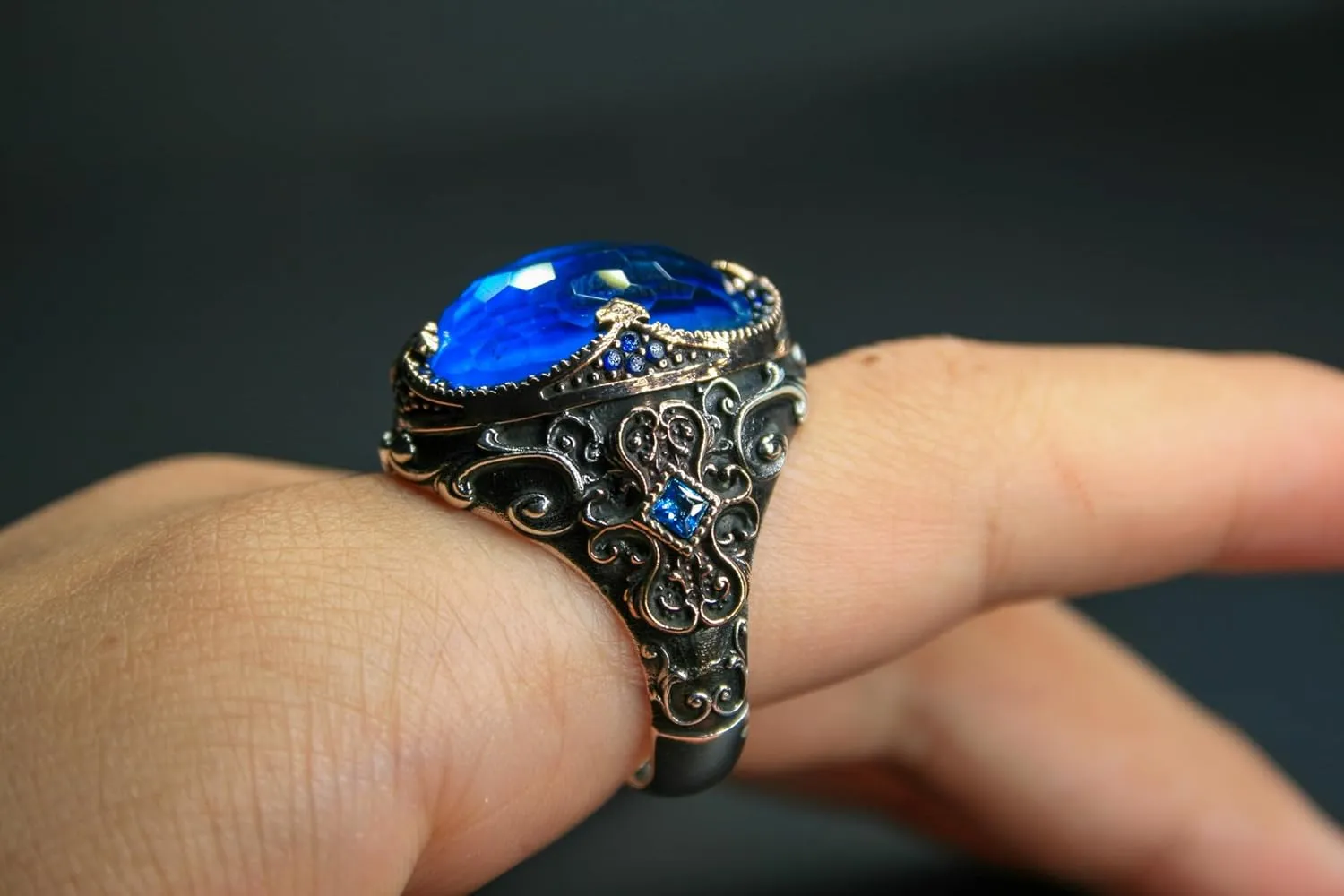 Regal Sterling Silver Ring with Royal Blue Zircon  Intricately Handcrafted Antique-Style Jewelry, Perfect for Men & Women, Sizes 5-15, Elegant Gift for Special Occasions or Daily Wear